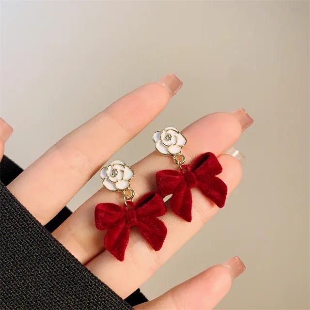 Red Velvet Bow Floral Earrings