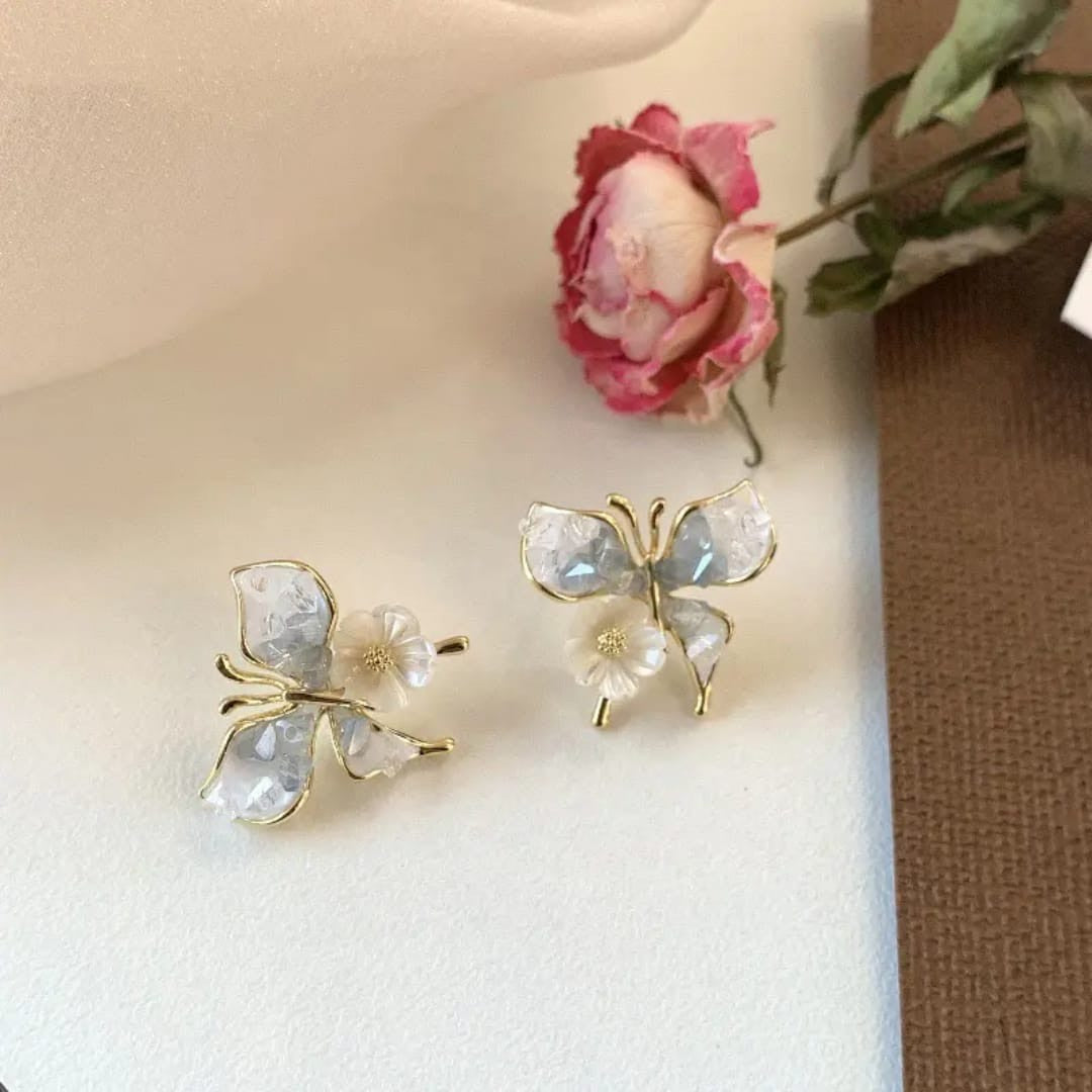 Gold Plated Butterfly And Flower Stud Earrings